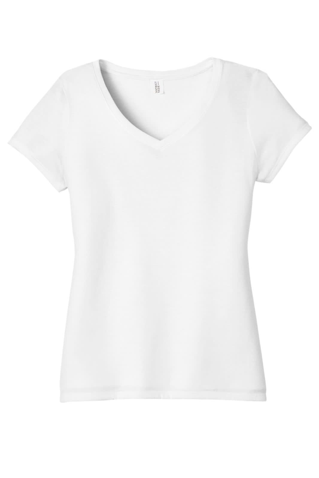 A white ladies v-neck t-shirt with short sleeves. The shirt features a logo on the label.