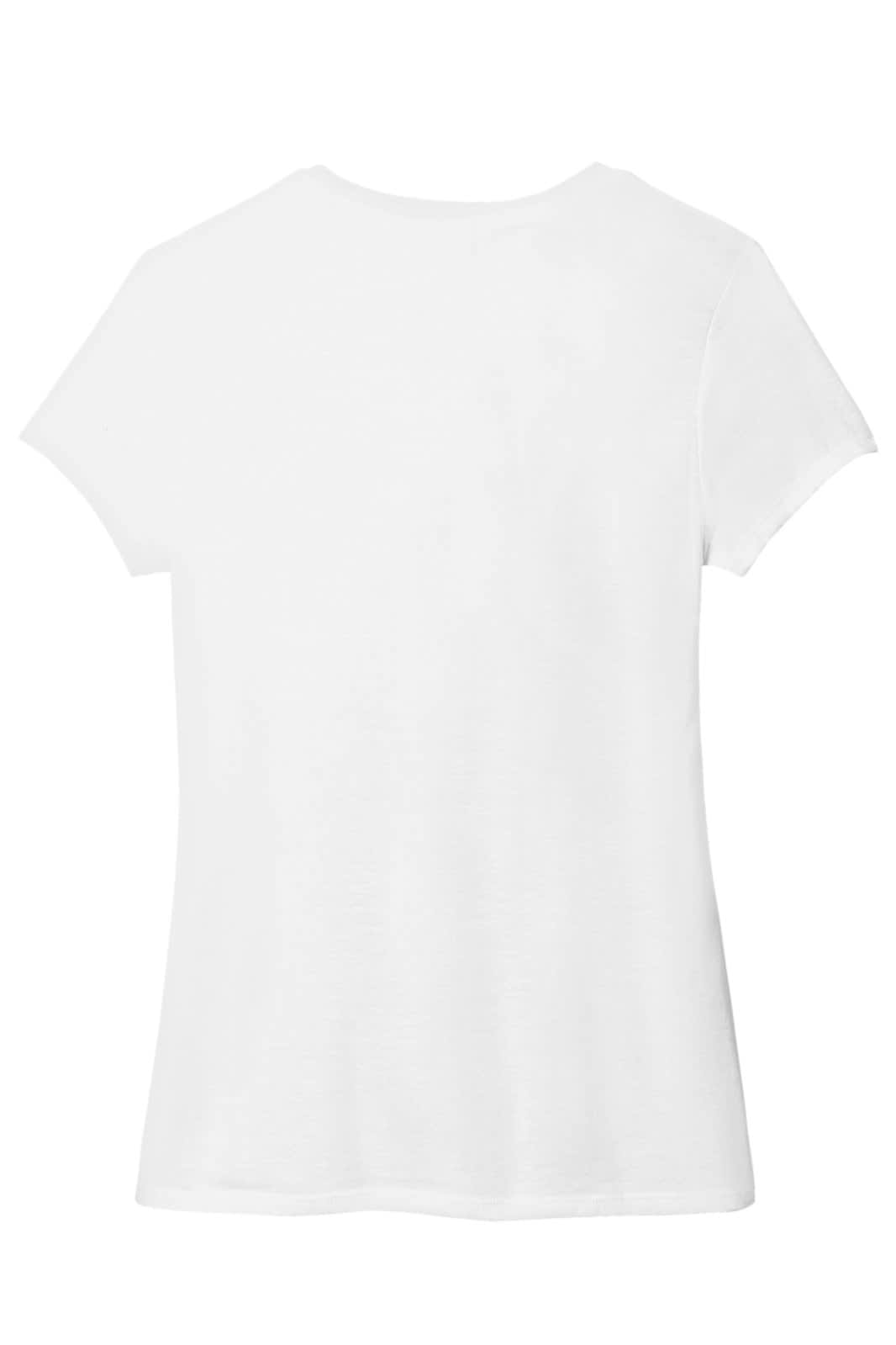 A white ladies' V-neck tee with a fitted style and a branding logo on the back.