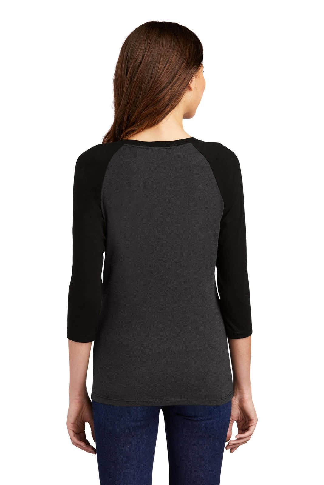 A black and charcoal grey 3/4-sleeve raglan shirt, featuring a logo on the back.