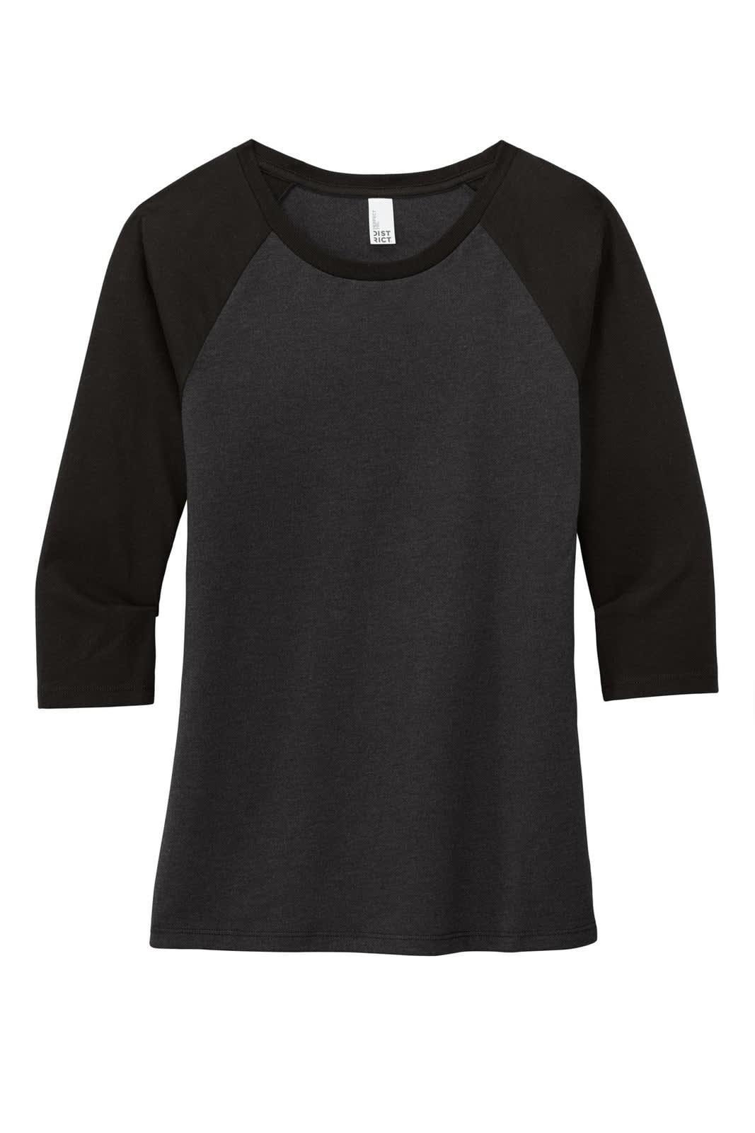 A black and charcoal 3/4-sleeve raglan shirt featuring a logo on the label.