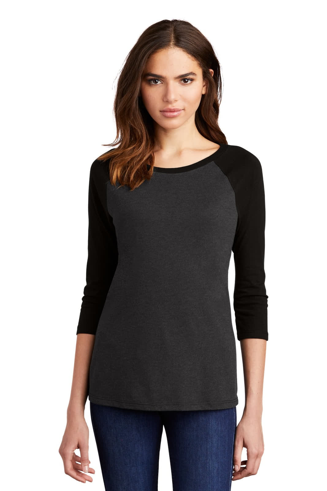 A black and grey 3/4-sleeve raglan shirt for ladies, featuring a round neckline and a logo.