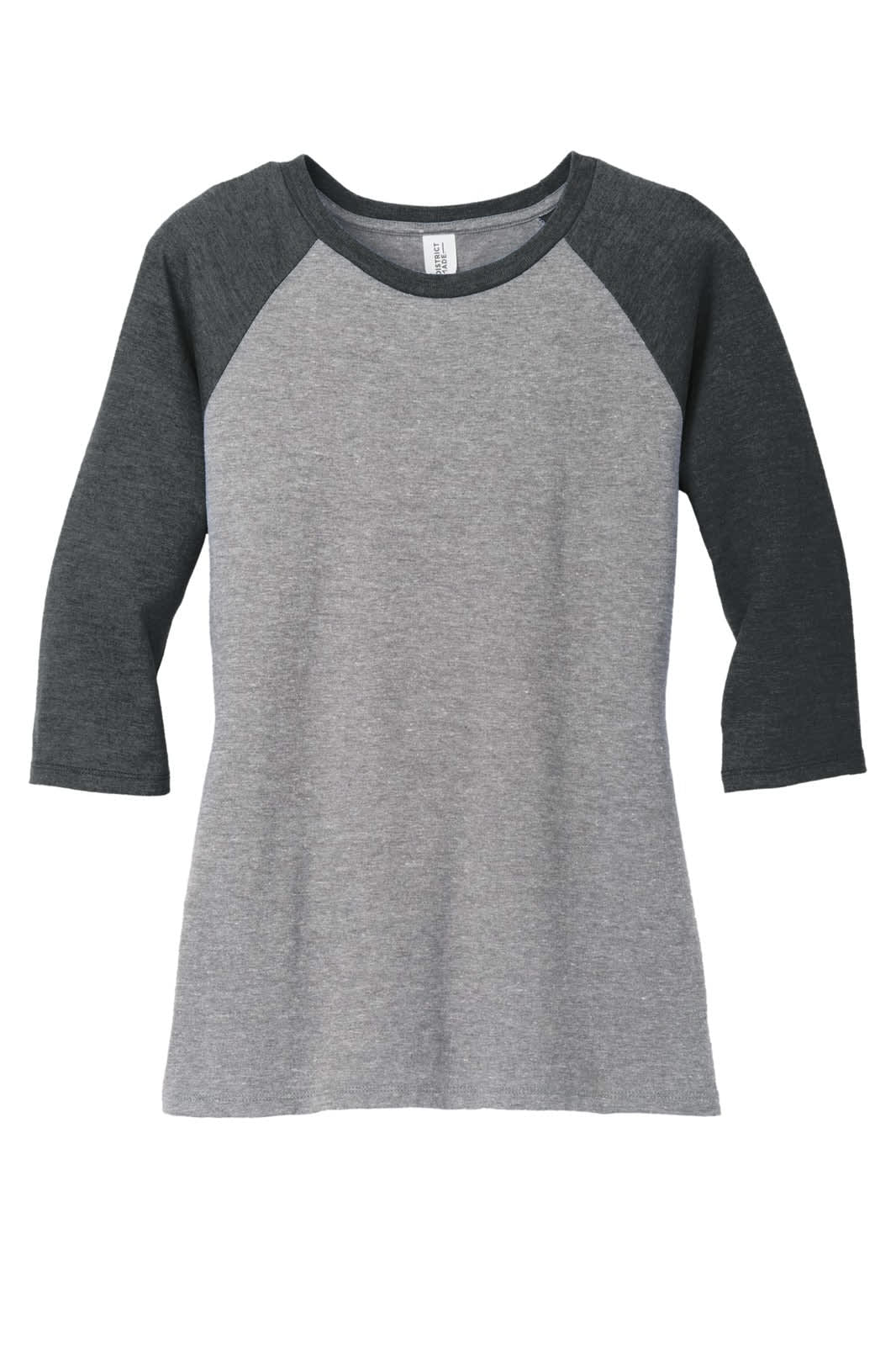 A grey and charcoal 3/4-sleeve raglan shirt with a rounded neckline and a logo on the tag.