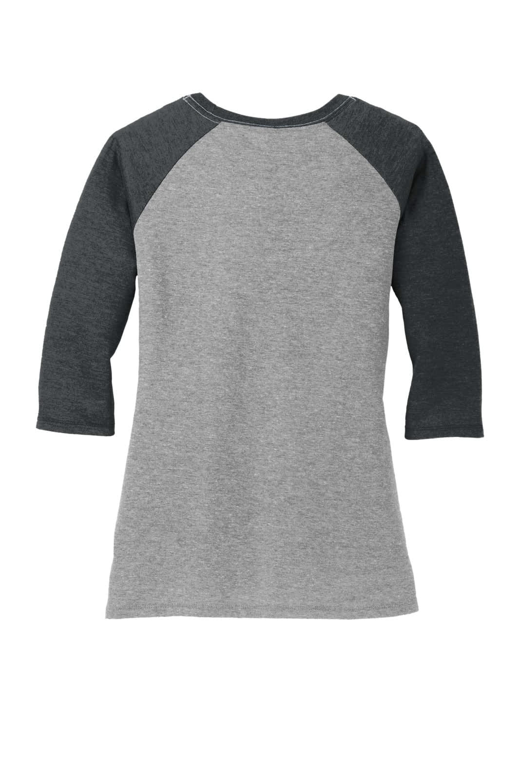 A grey ladies' 3/4-sleeve raglan shirt featuring dark grey sleeves and a back view. It has a logo on the back.