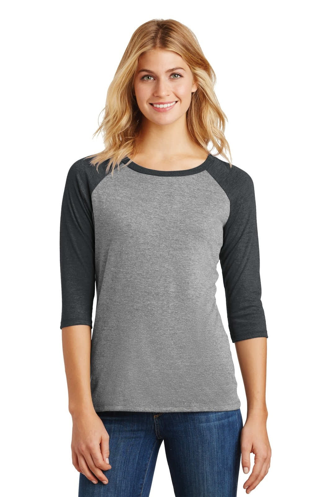 A grey and black ladies' 3/4-sleeve raglan shirt featuring a branded logo and a relaxed fit.