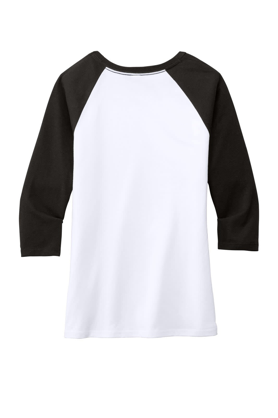 A white shirt with black 3/4-sleeves and a rounded neck, featuring a logo on the back.