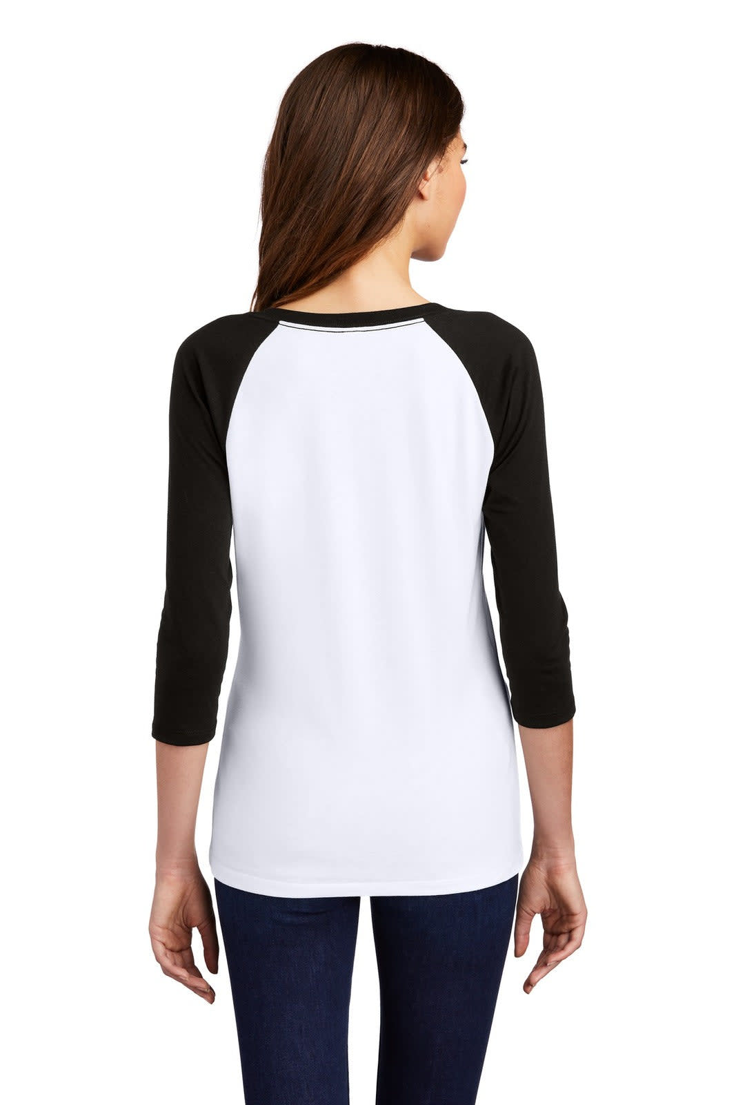 A white and black 3/4-sleeve raglan shirt with a plain back and a branding logo on the label.