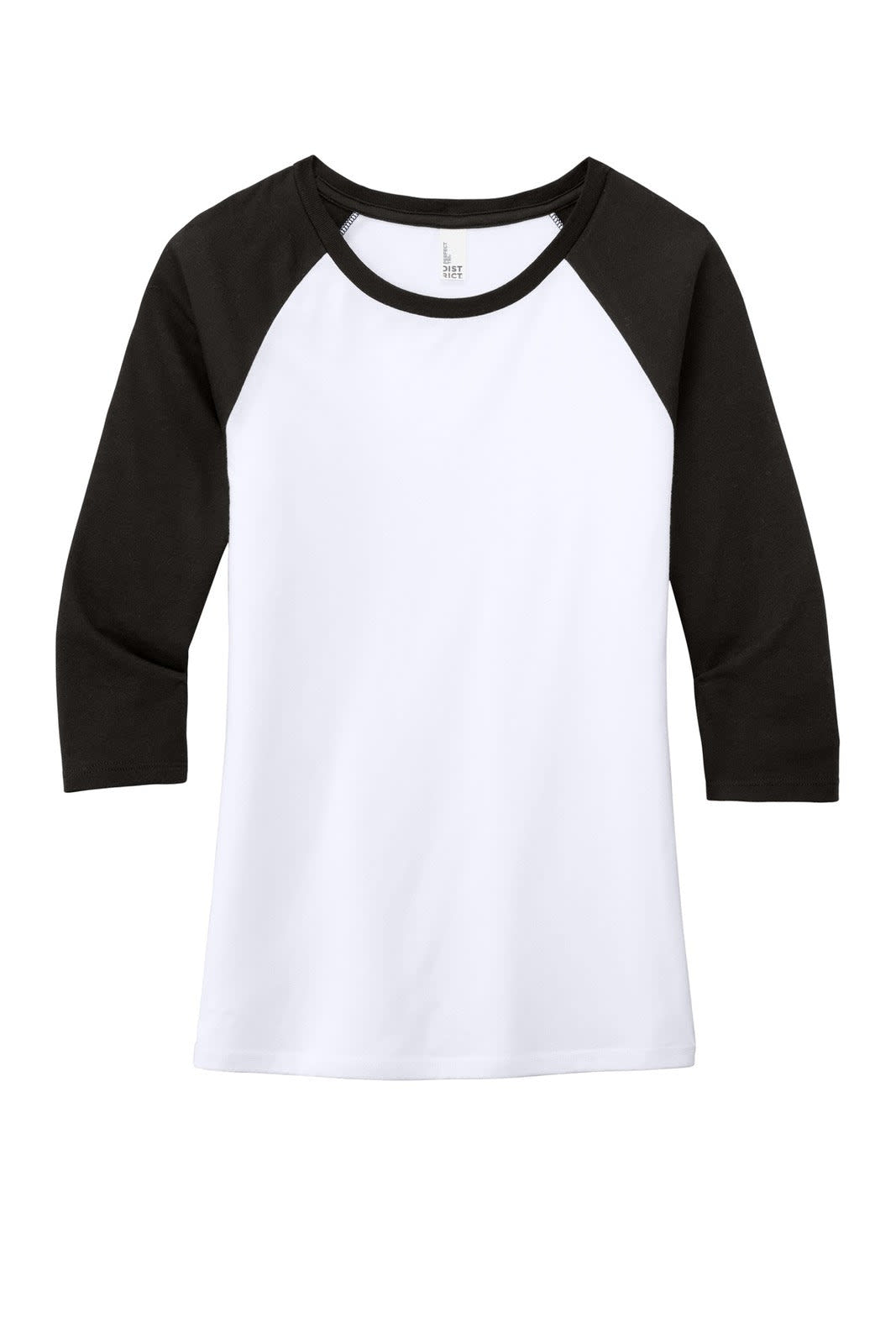A black and white 3/4-sleeve raglan shirt featuring a logo on the front.