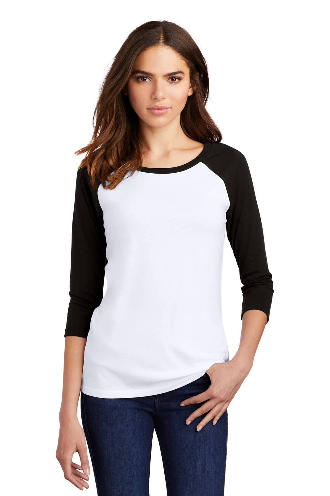 A women's white and black 3/4-sleeve raglan shirt with a crew neckline, featuring a logo on the front.