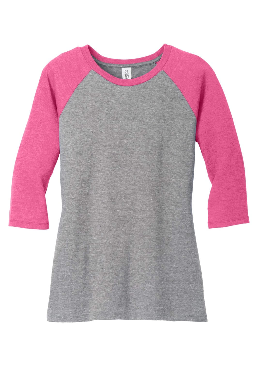 A grey 3/4-sleeve raglan shirt with pink sleeves, featuring a logo on the chest.