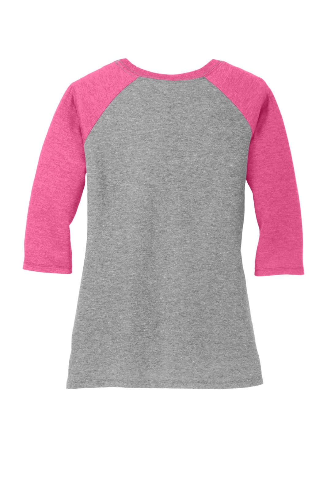 A grey shirt with pink 3/4 sleeves and a back view. Features a logo on the back.
