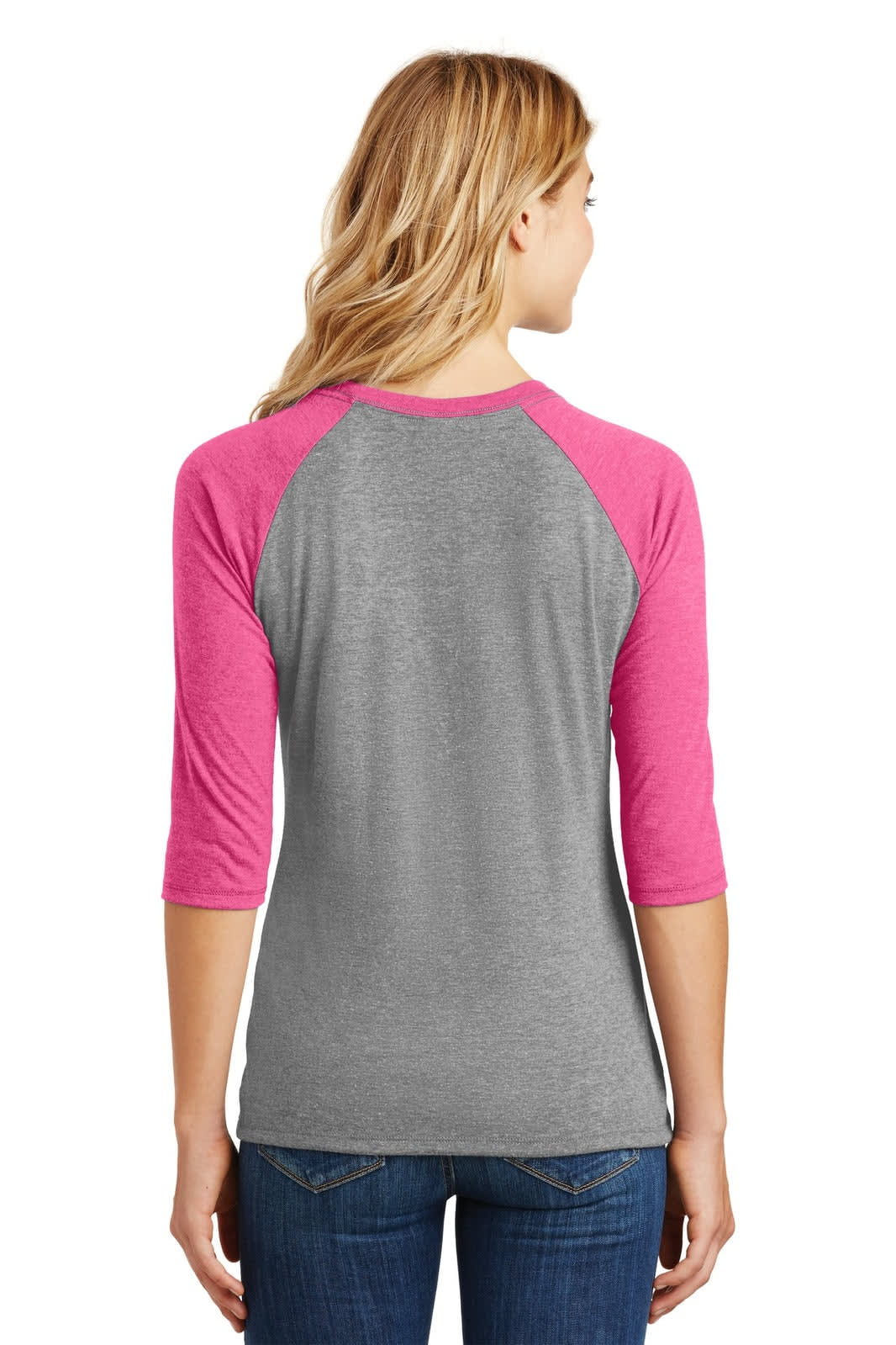 A grey and pink 3/4-sleeve raglan shirt featuring a logo on the back.
