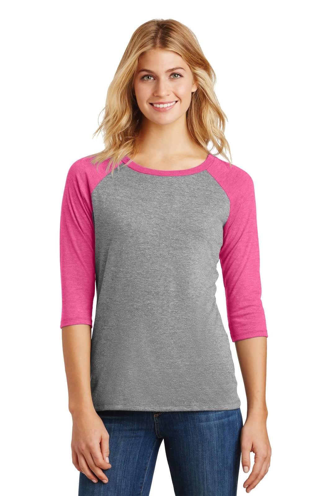 A grey shirt with pink 3/4-length sleeves, featuring a fitted design and a logo on the front.