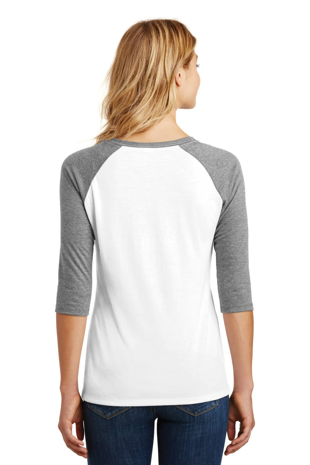 A white and grey 3/4-sleeve raglan shirt featuring a simple design and a logo on the back.