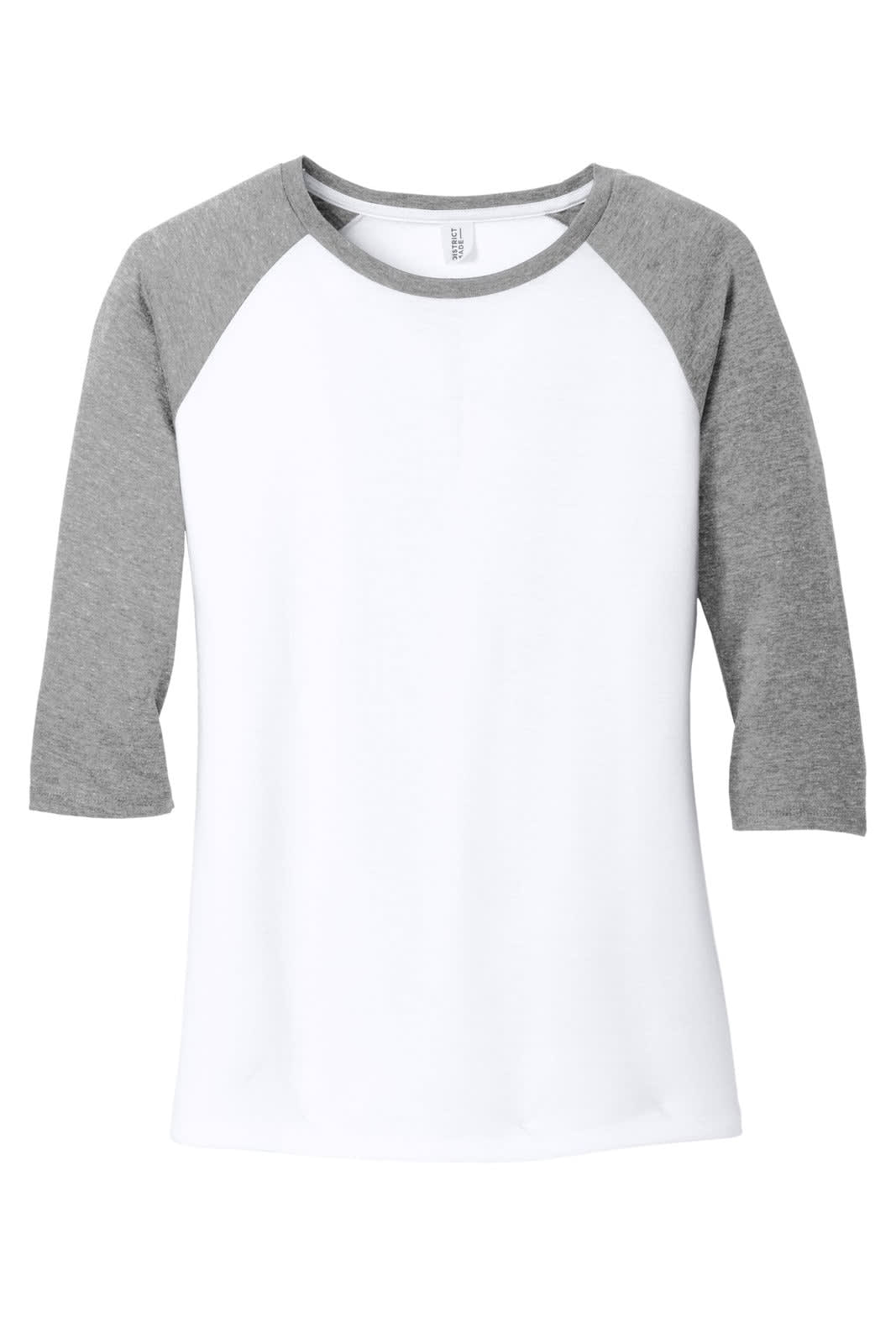 A white shirt with grey 3/4 raglan sleeves, featuring a logo on the front.