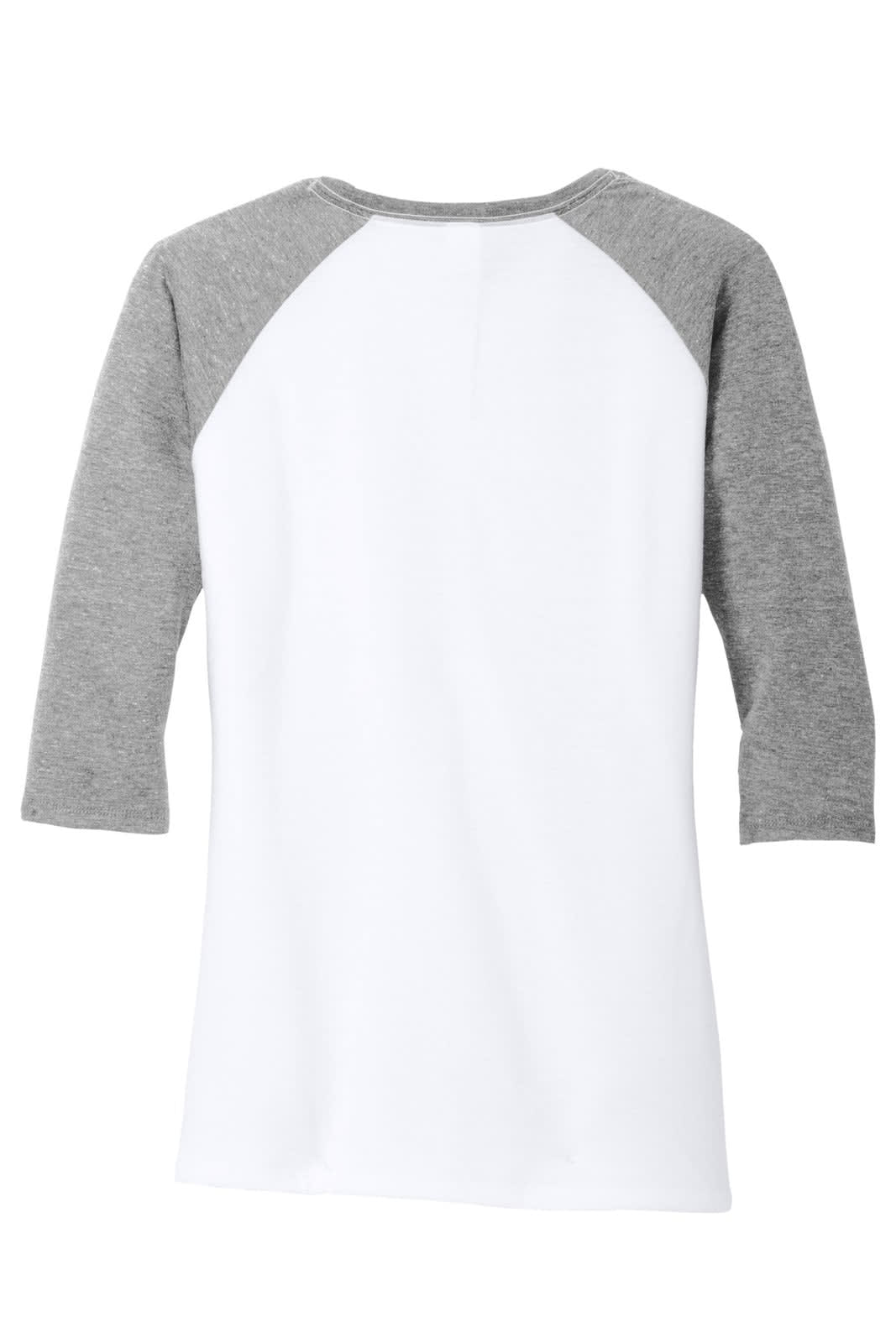 A ladies' 3/4-sleeve raglan shirt featuring grey sleeves and a white body, with a logo on the back.