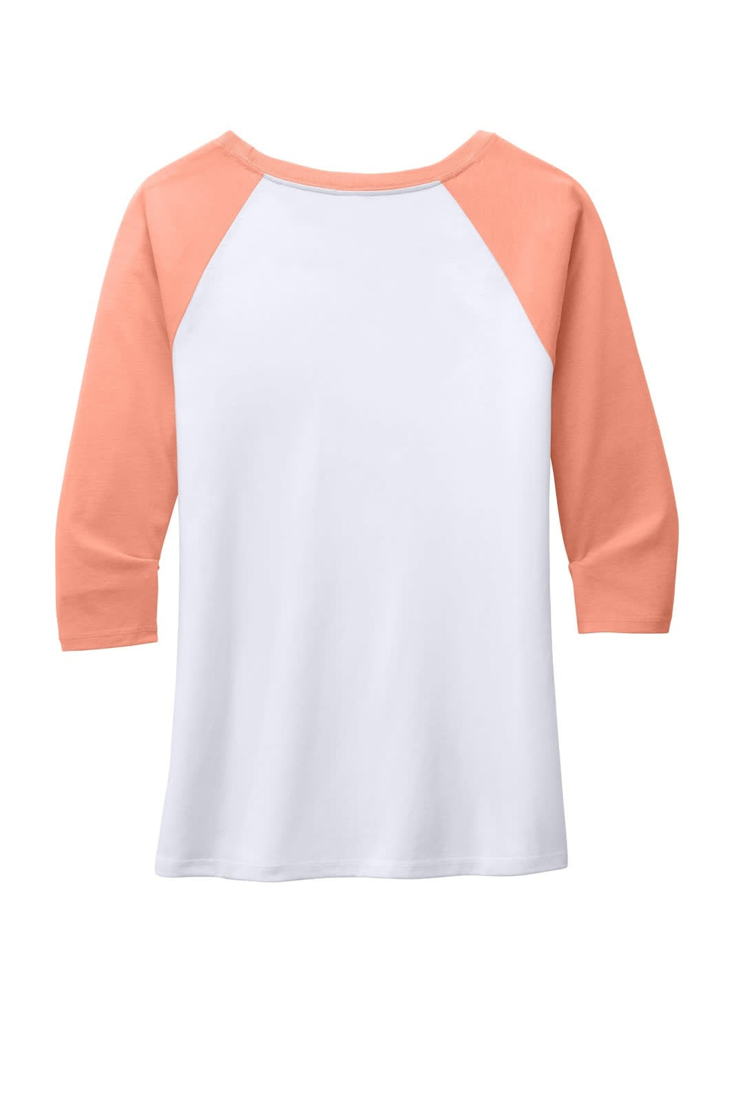 A ladies' 3/4-sleeve raglan shirt in white with coral sleeves, featuring a plain design and a logo on the back.