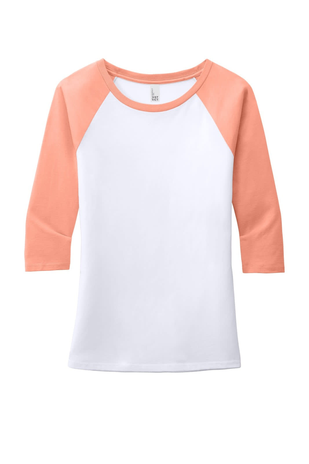A three-quarter sleeve raglan shirt featuring a white body and coral sleeves, with a branding logo on the inside.
