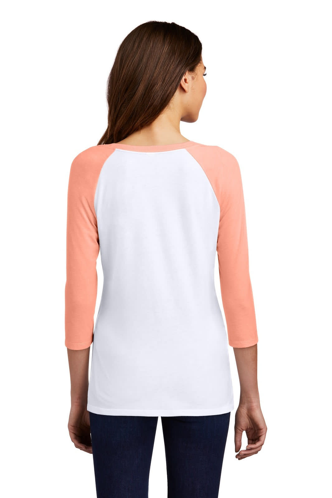 A women's white 3/4-sleeve raglan shirt with coral sleeves, featuring a brand logo on the back.