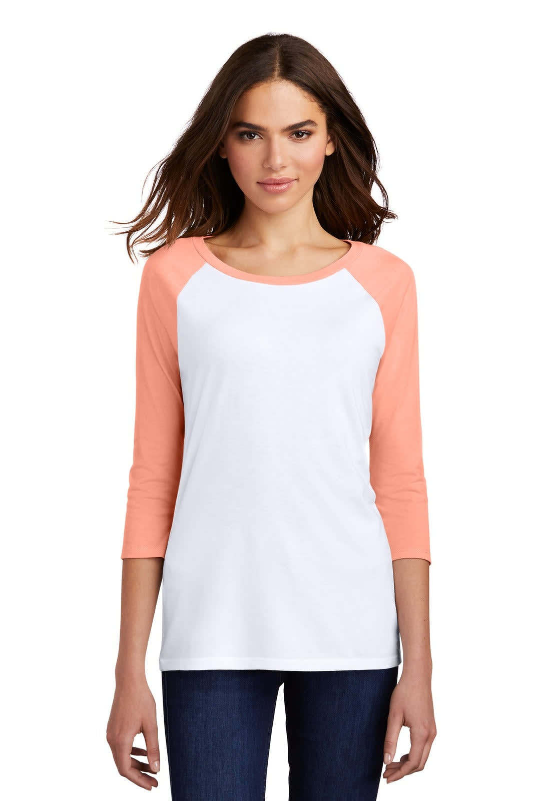 A 3/4-sleeve raglan shirt in white with coral sleeves, featuring a subtle logo on the chest.