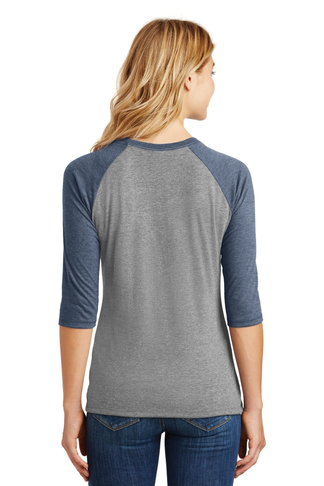 A grey and navy 3/4-sleeve raglan shirt displayed on a model from the back, featuring a logo.
