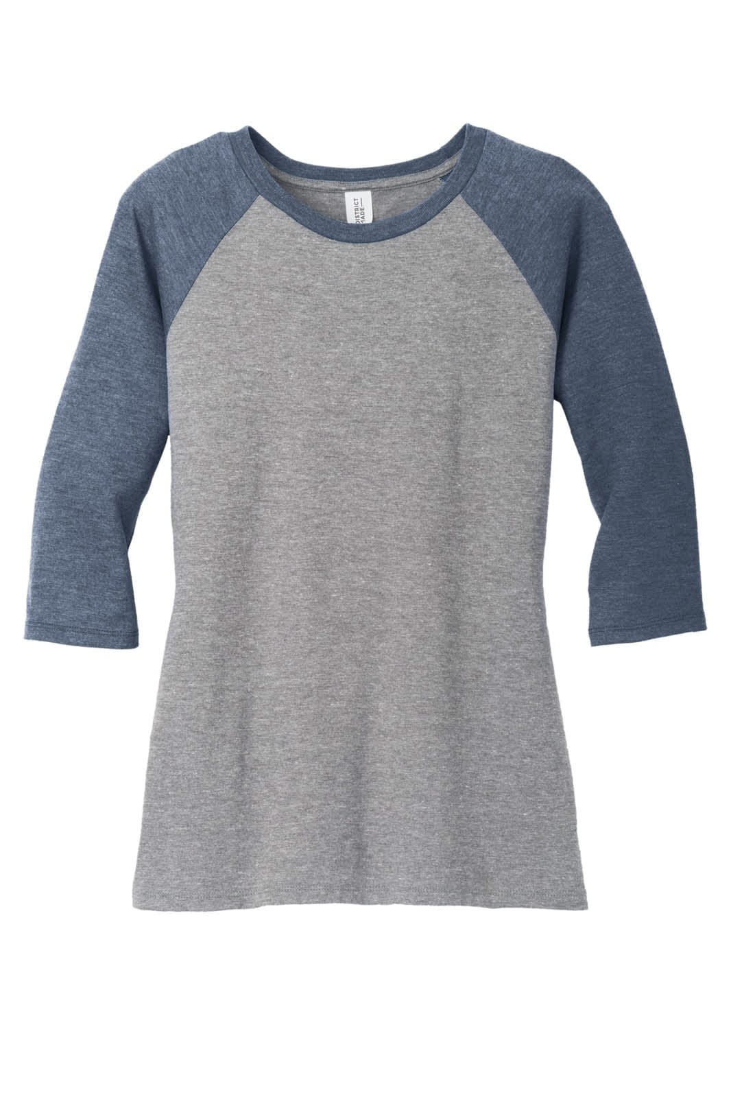A grey and navy blue 3/4-sleeve raglan shirt with a relaxed fit and a logo on the label.