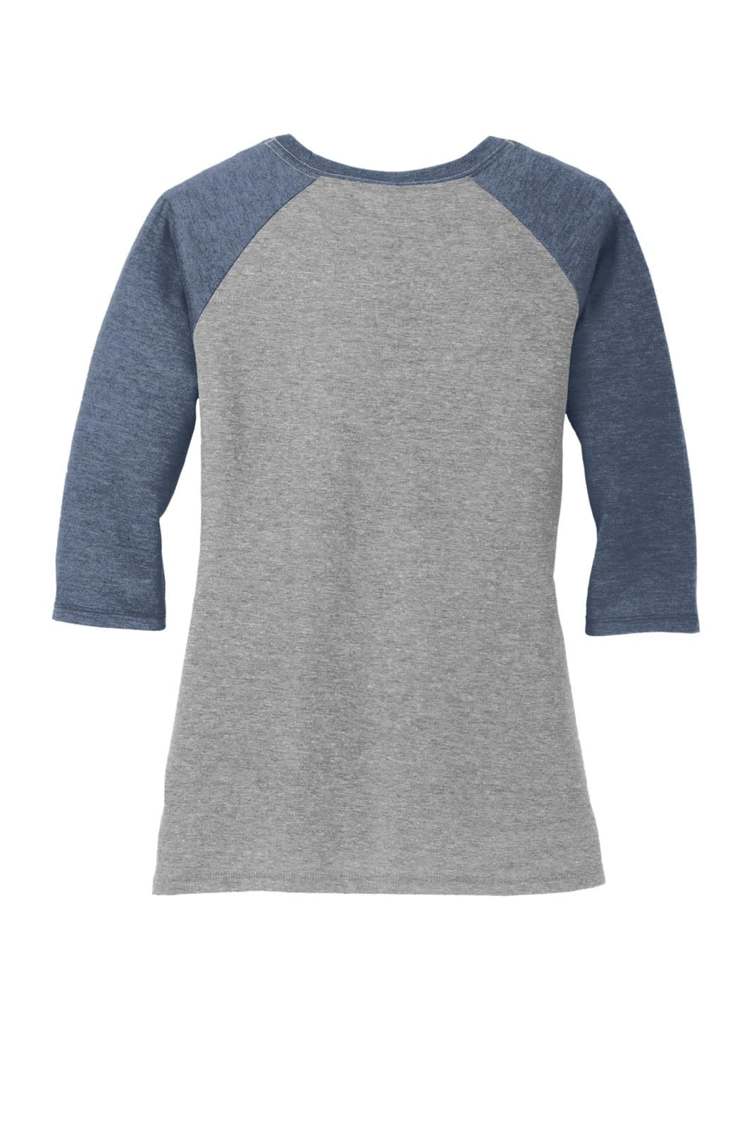 A grey and navy blue 3/4-sleeve raglan shirt with a casual fit. The back view displays a smooth design and soft fabric.