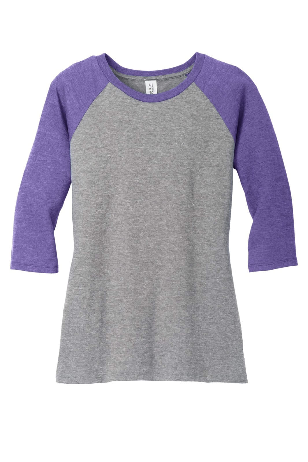 A grey shirt with purple 3/4-sleeves featuring a raglan style and a branding logo.