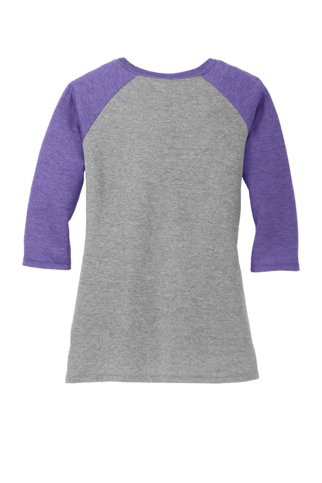 A grey and purple 3/4-sleeve raglan shirt with a back view. It features a logo on the back.