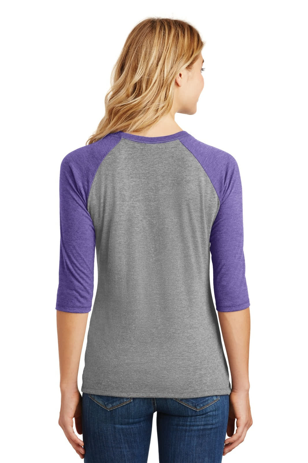 A grey and purple three-quarter sleeve raglan shirt with a branding logo on the back.