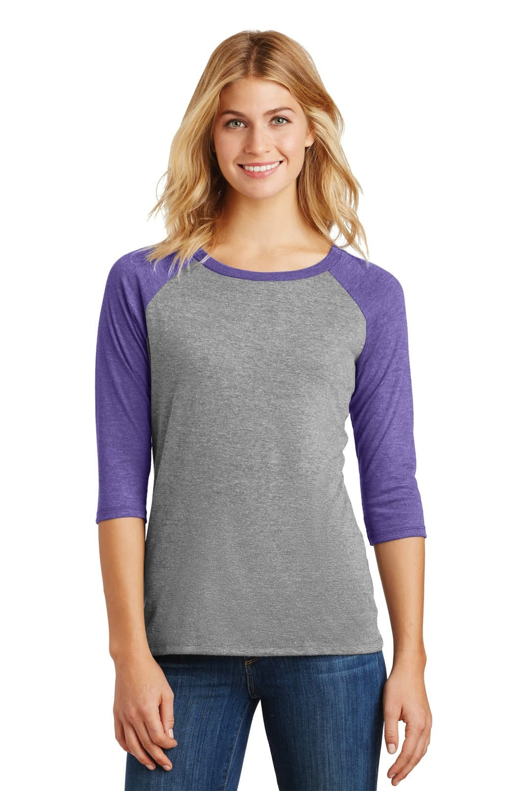 A grey and purple 3/4-sleeve raglan shirt with a relaxed fit and a logo on the front.