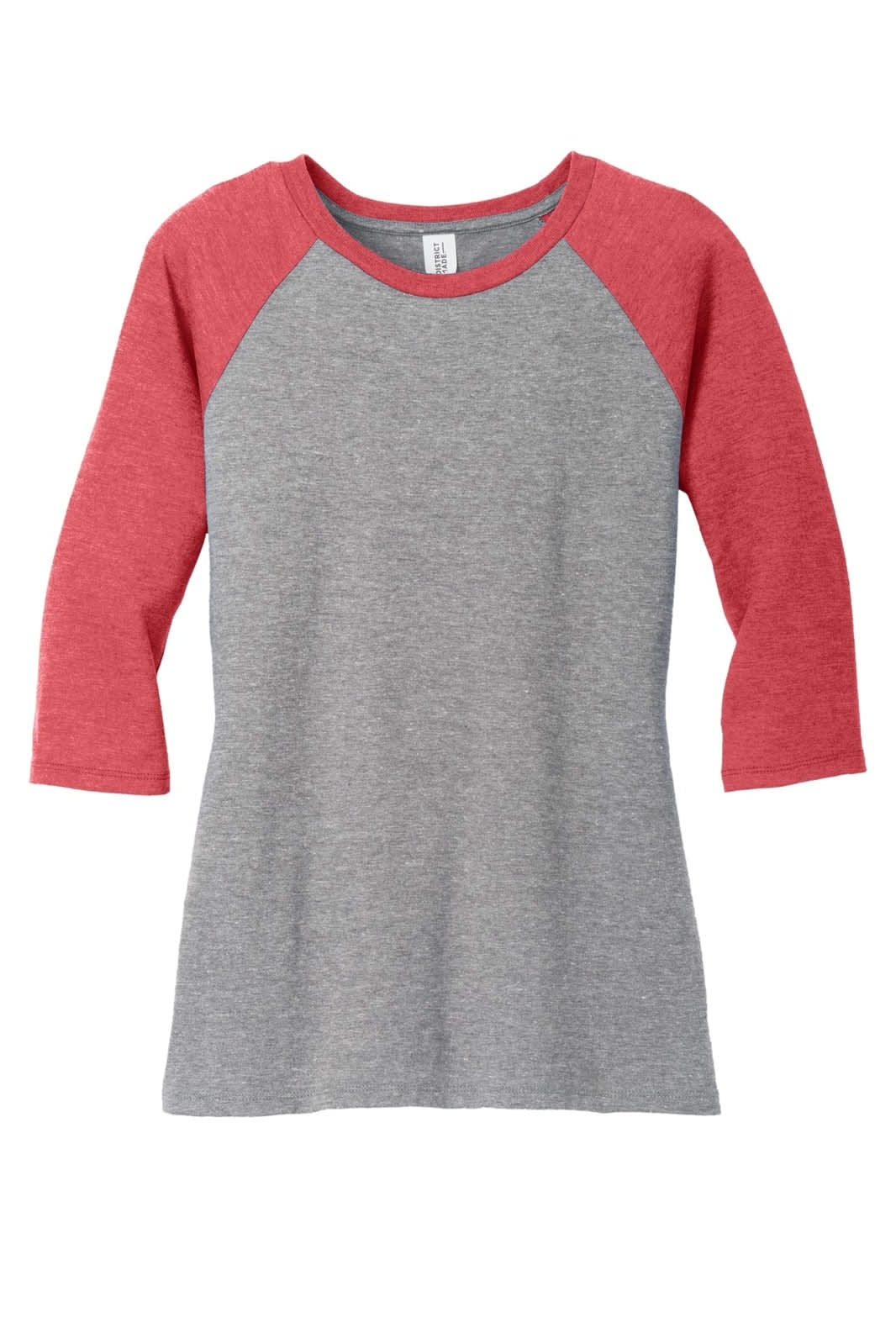 A grey and red 3/4 sleeve raglan shirt featuring a logo on the tag. Ideal for casual wear.