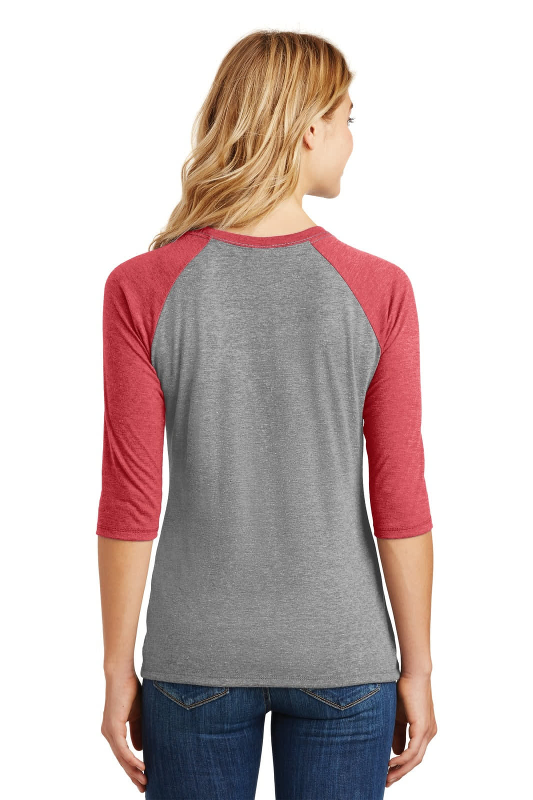 A grey 3/4-sleeve raglan shirt with red sleeves, featuring a branding logo on the back.