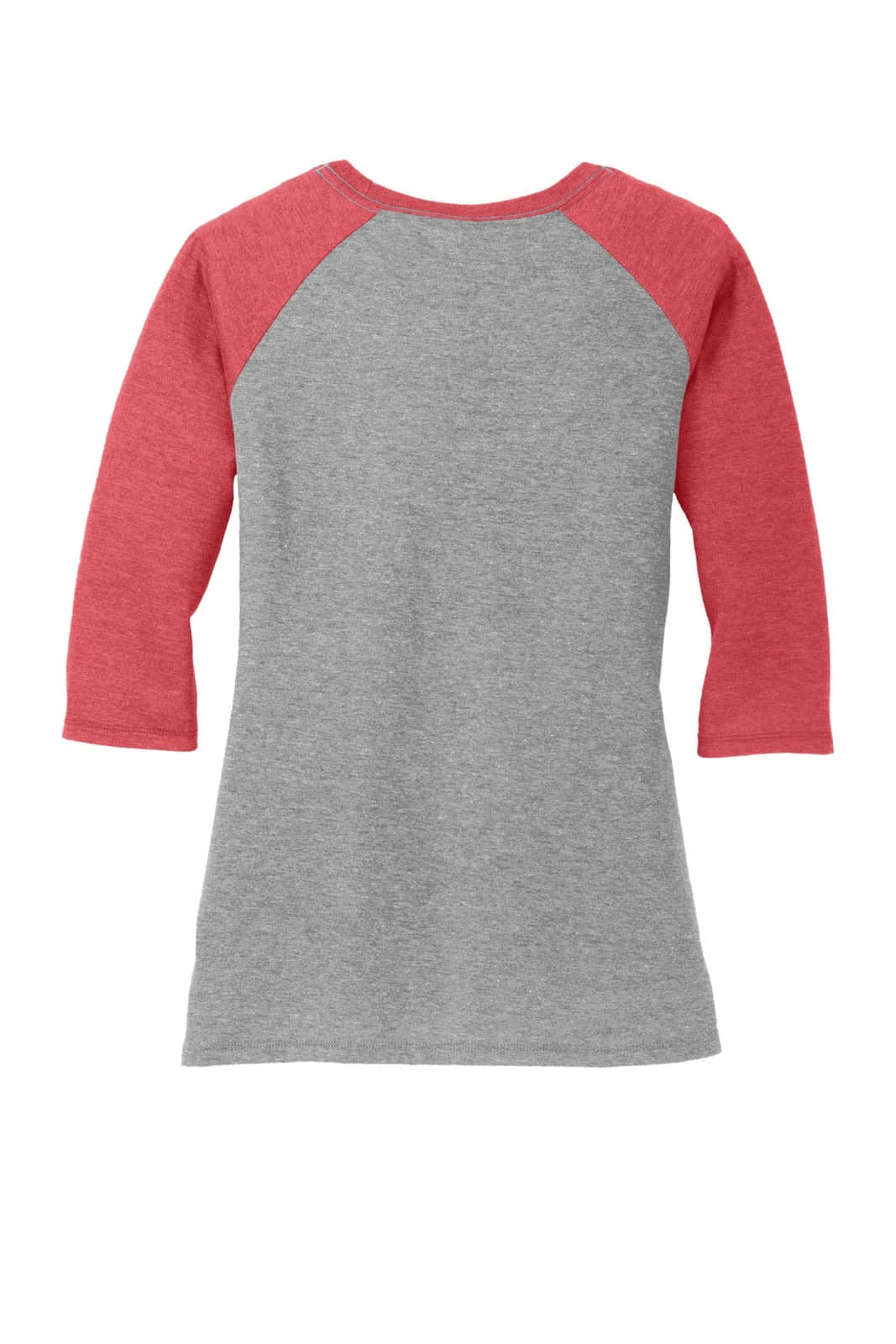 A grey shirt with red 3/4 sleeves and a rounded neckline, featuring a logo on the back.