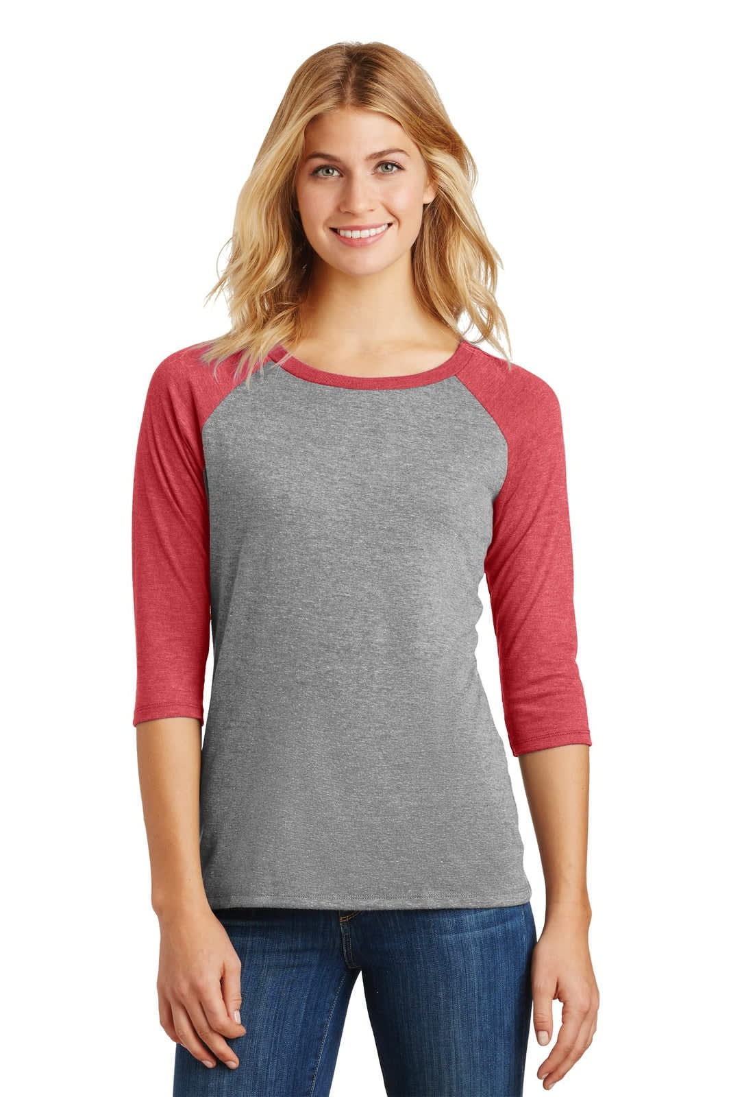 A grey and red 3/4-sleeve raglan shirt displayed on a model, featuring a logo.
