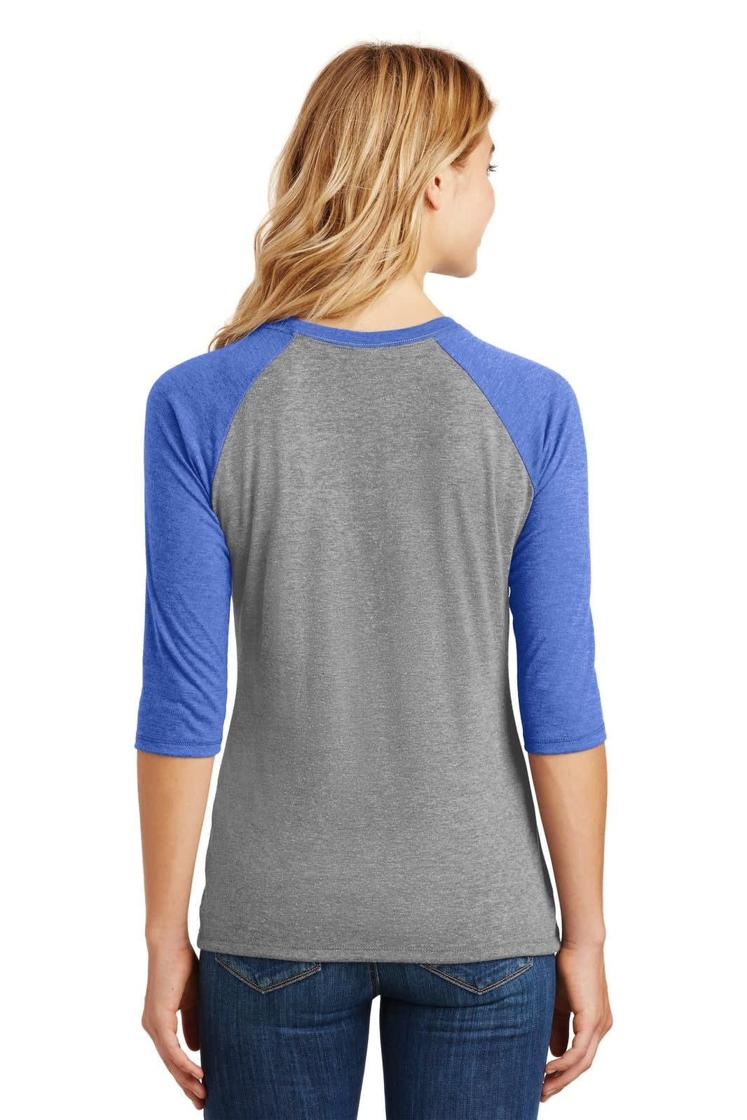 A grey and blue women's 3/4-sleeve raglan shirt with a rounded neckline and a logo on the back.