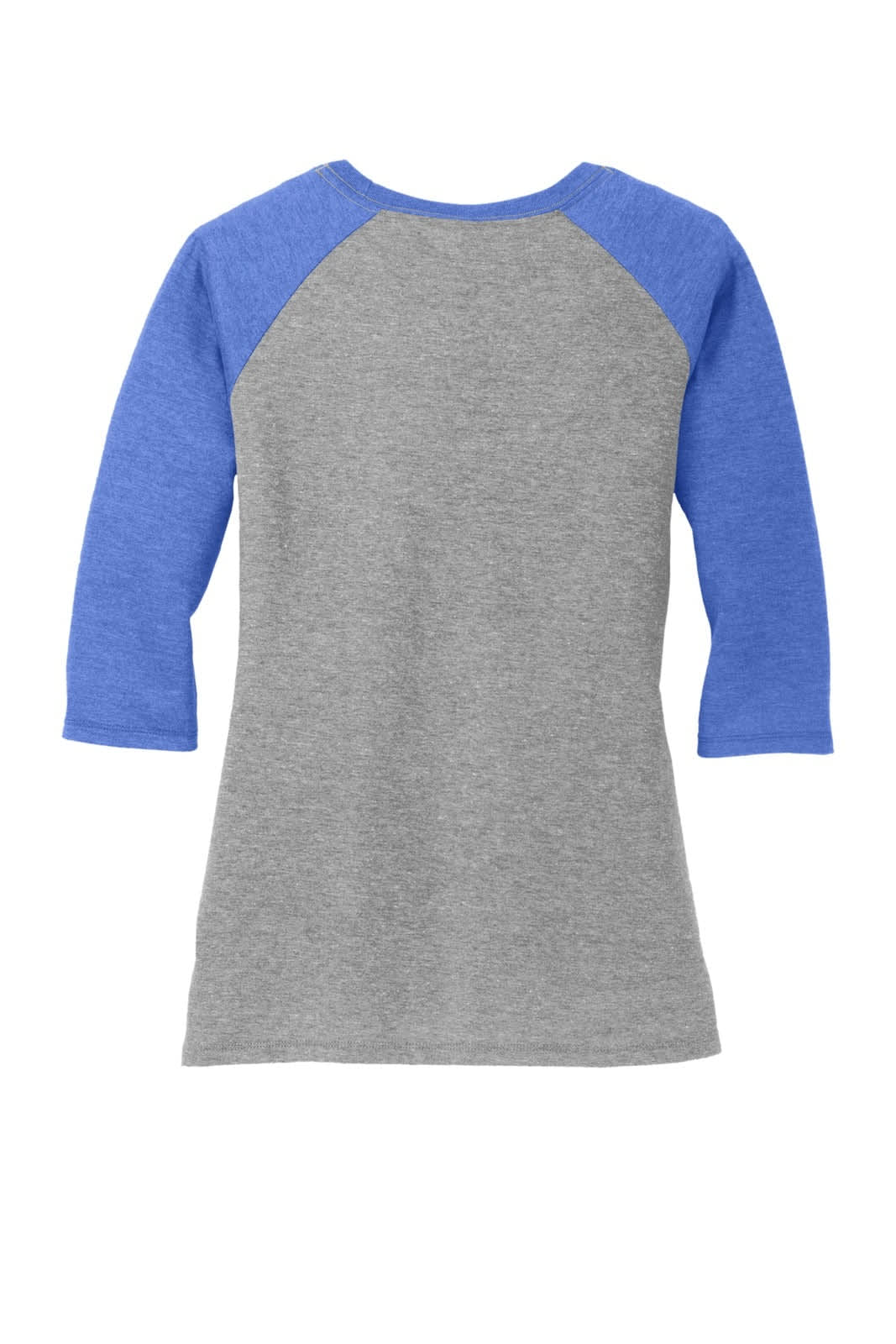 A grey and blue 3/4-sleeve raglan shirt with a round neckline and an unbranded design.