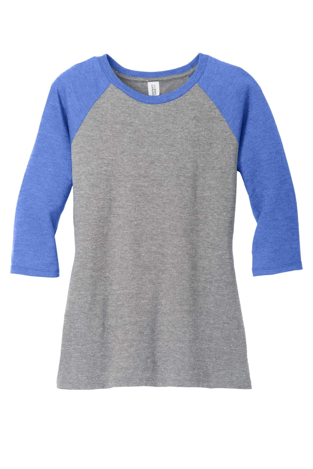 A raglan shirt featuring a grey body and blue sleeves, with a logo present on the product.