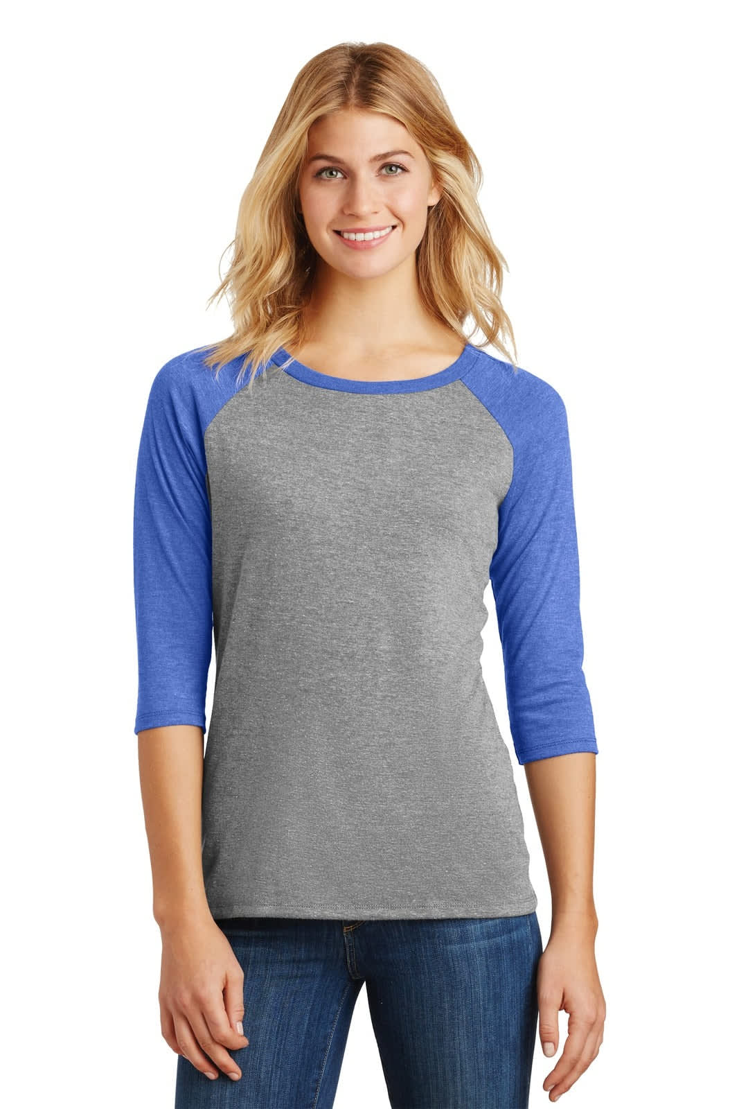A grey 3/4-sleeve raglan shirt with blue sleeves, featuring a branding logo on the front.