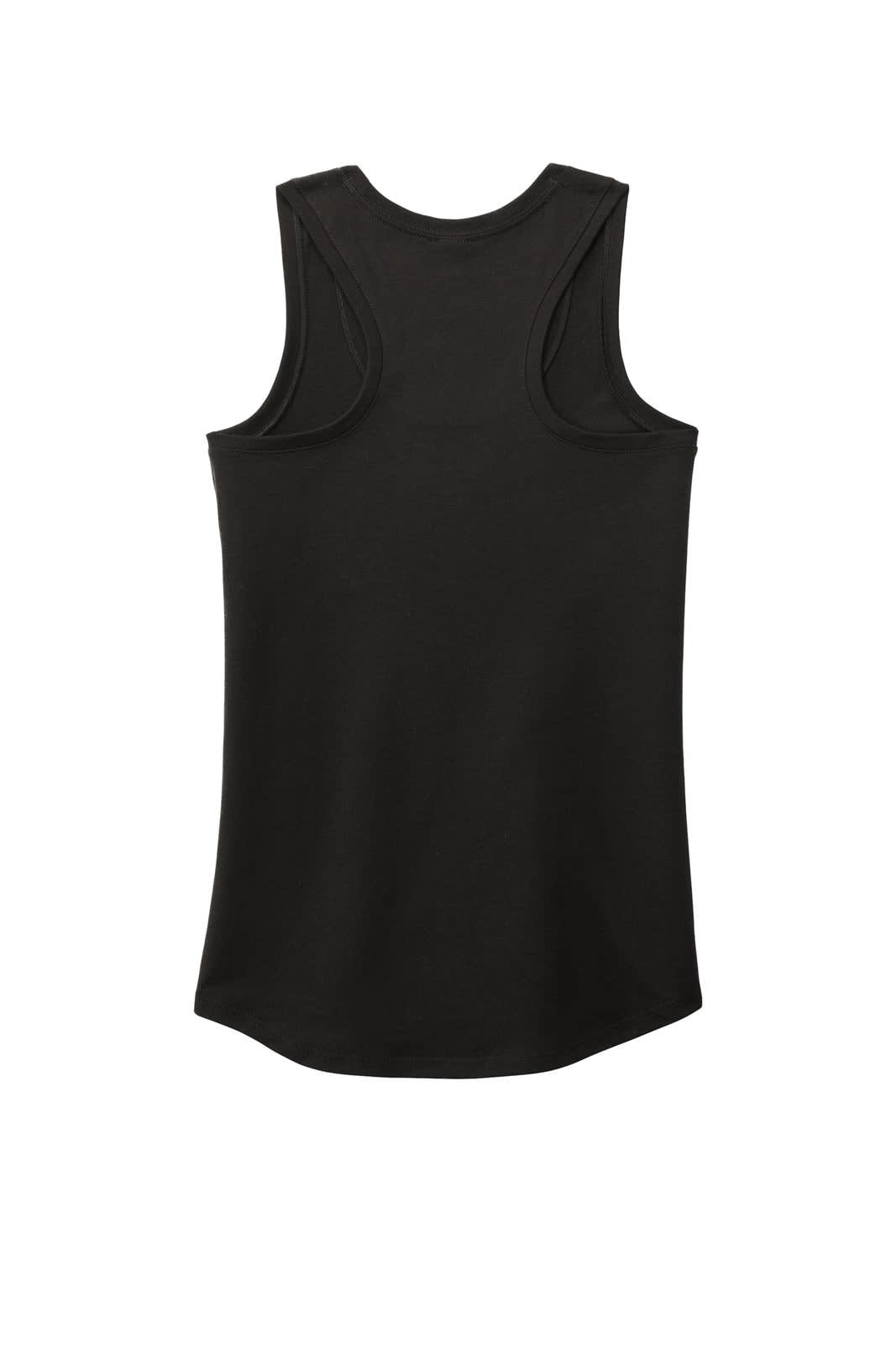 A black ladies' racerback tank top, featuring a simple design and a logo on the back.