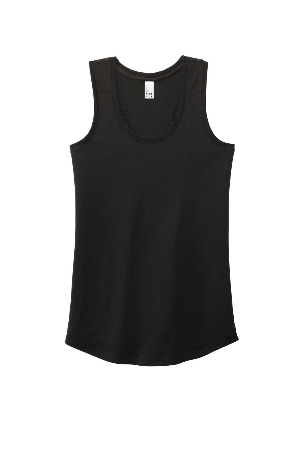 A black ladies' racerback tank top with a scoop neckline. It features a logo on the label.