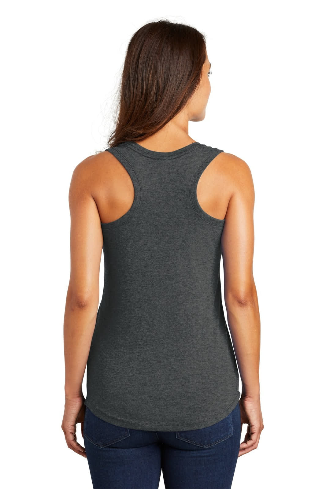 A dark grey ladies' racerback tank top with a fitted design and a logo on the back.