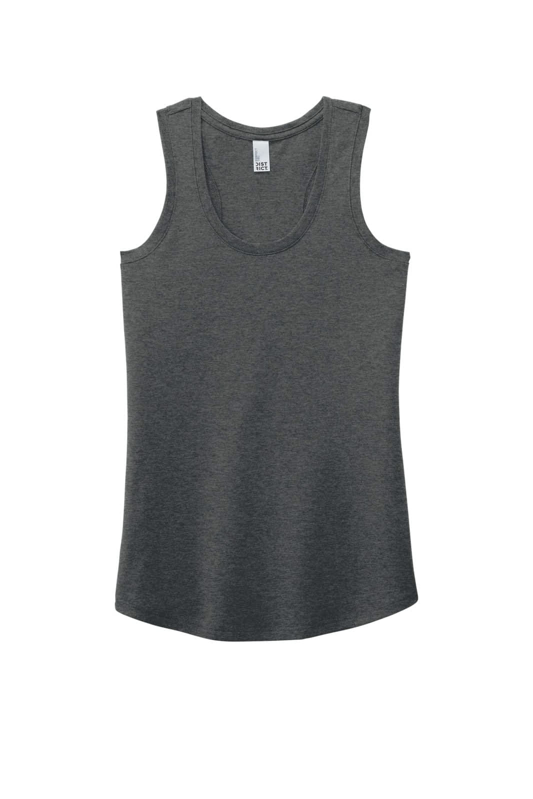 A grey ladies' tri-blend racerback tank top with a scoop neckline and a branded tag.
