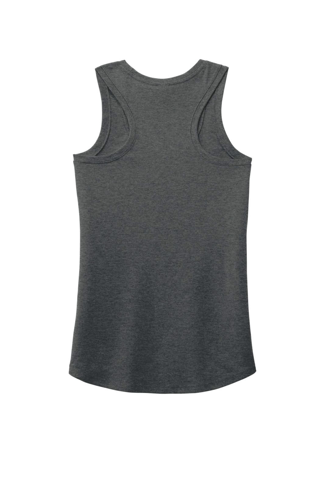 A grey ladies' racerback tank top with a smooth finish and a fitted design, featuring a logo.