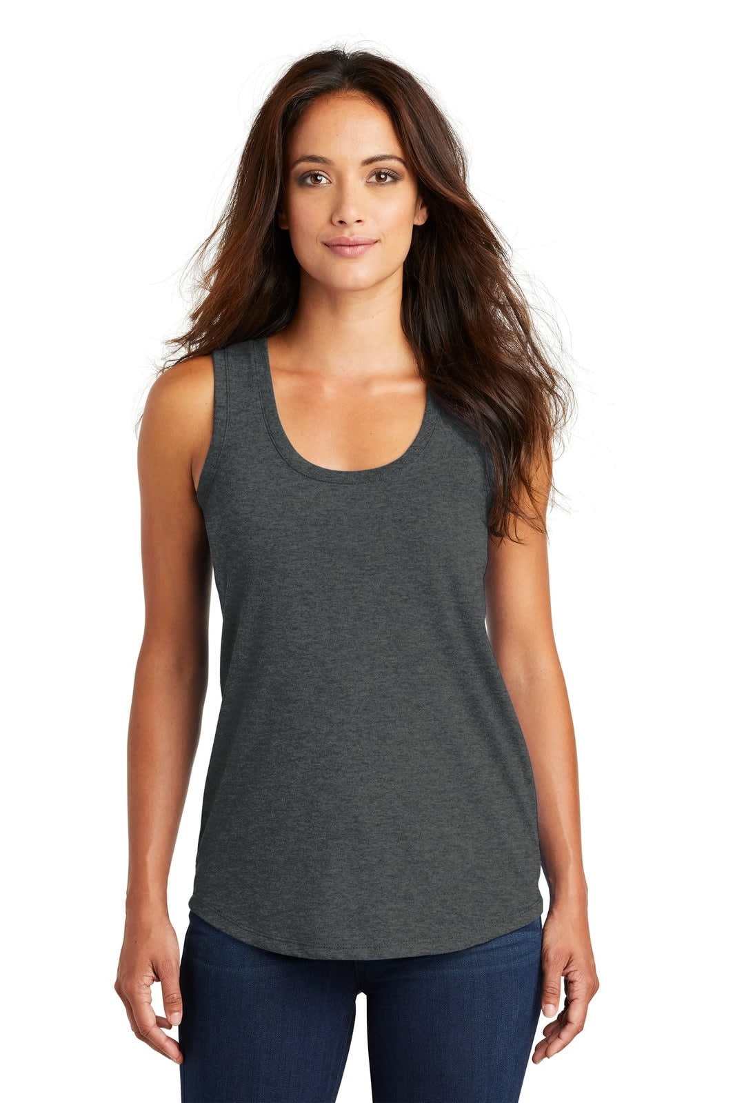 A grey racerback tank top in a fitted style, featuring a scoop neckline and a logo on the fabric.