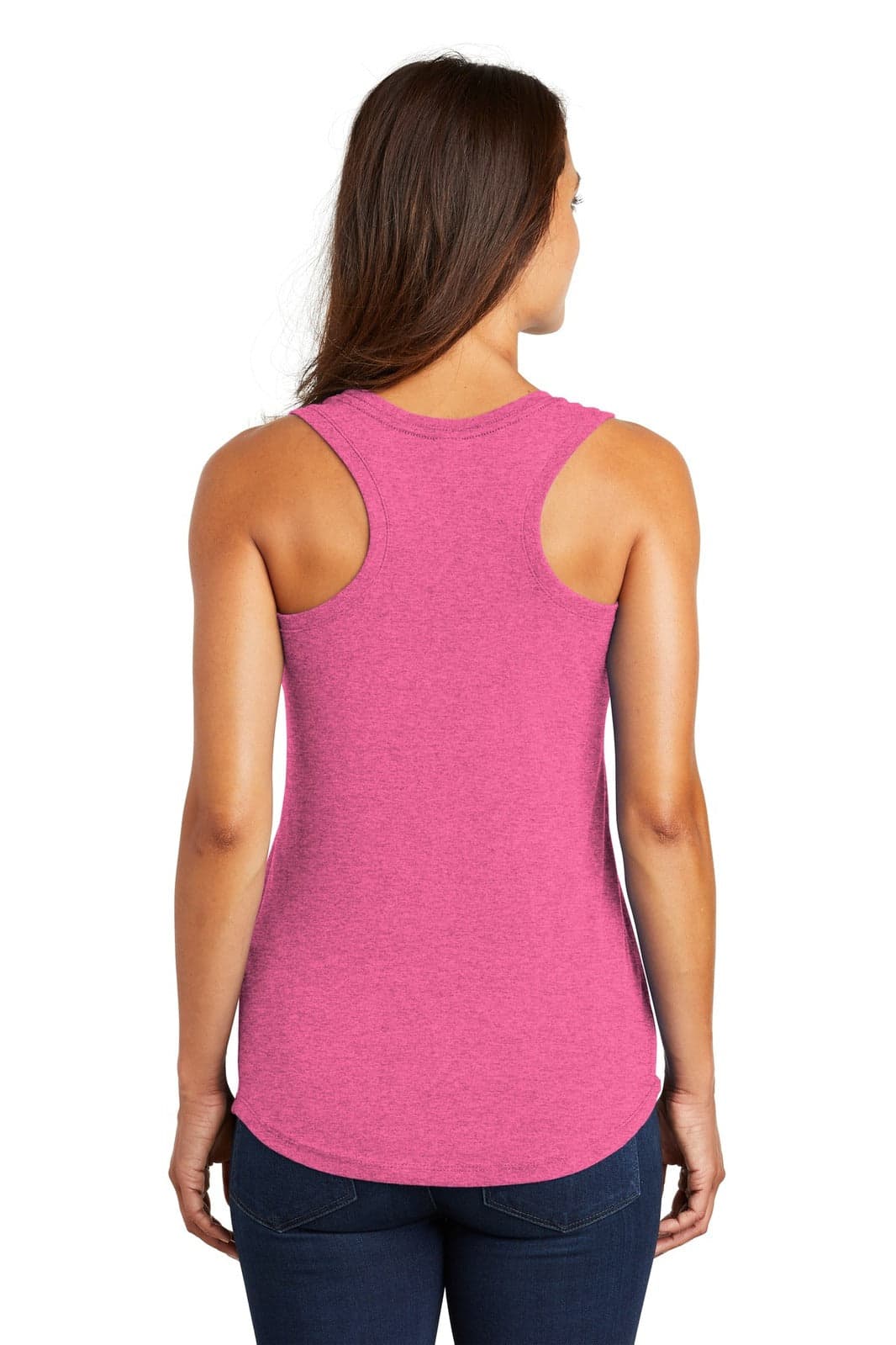 A pink racerback tank top, featuring a fitted style and a logo on the back.