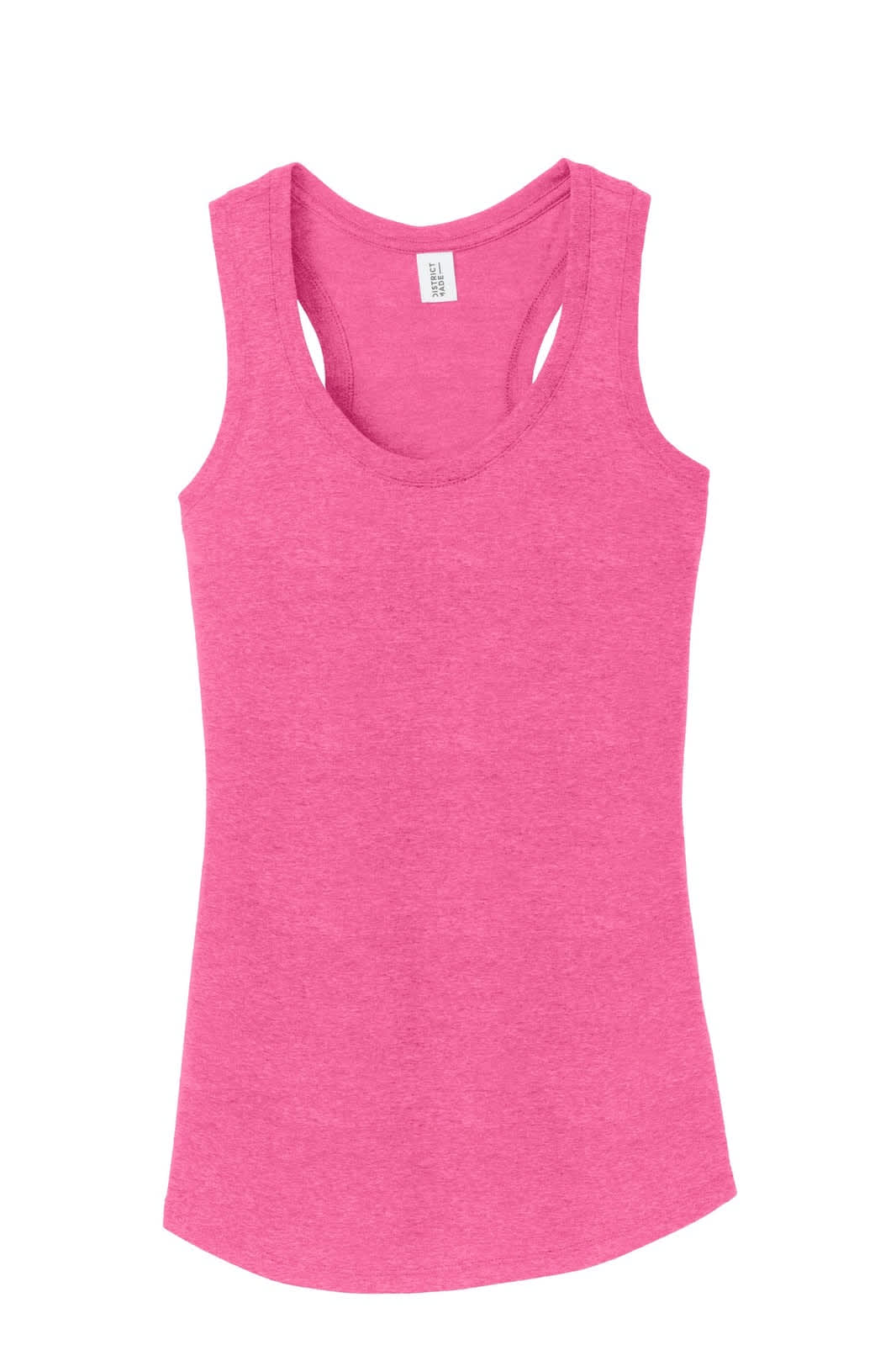 A pink racerback tank top featuring a smooth, fitted design and a branded label.