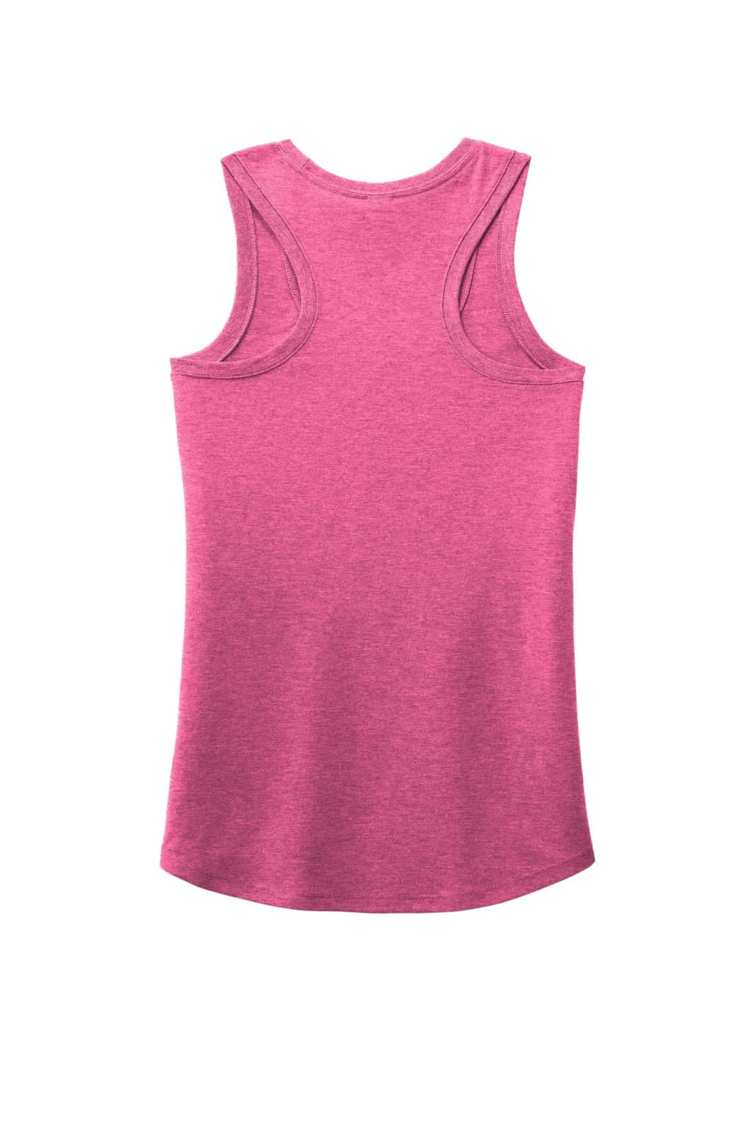 A pink racerback tank top with a soft, textured fabric and a logo on the back.