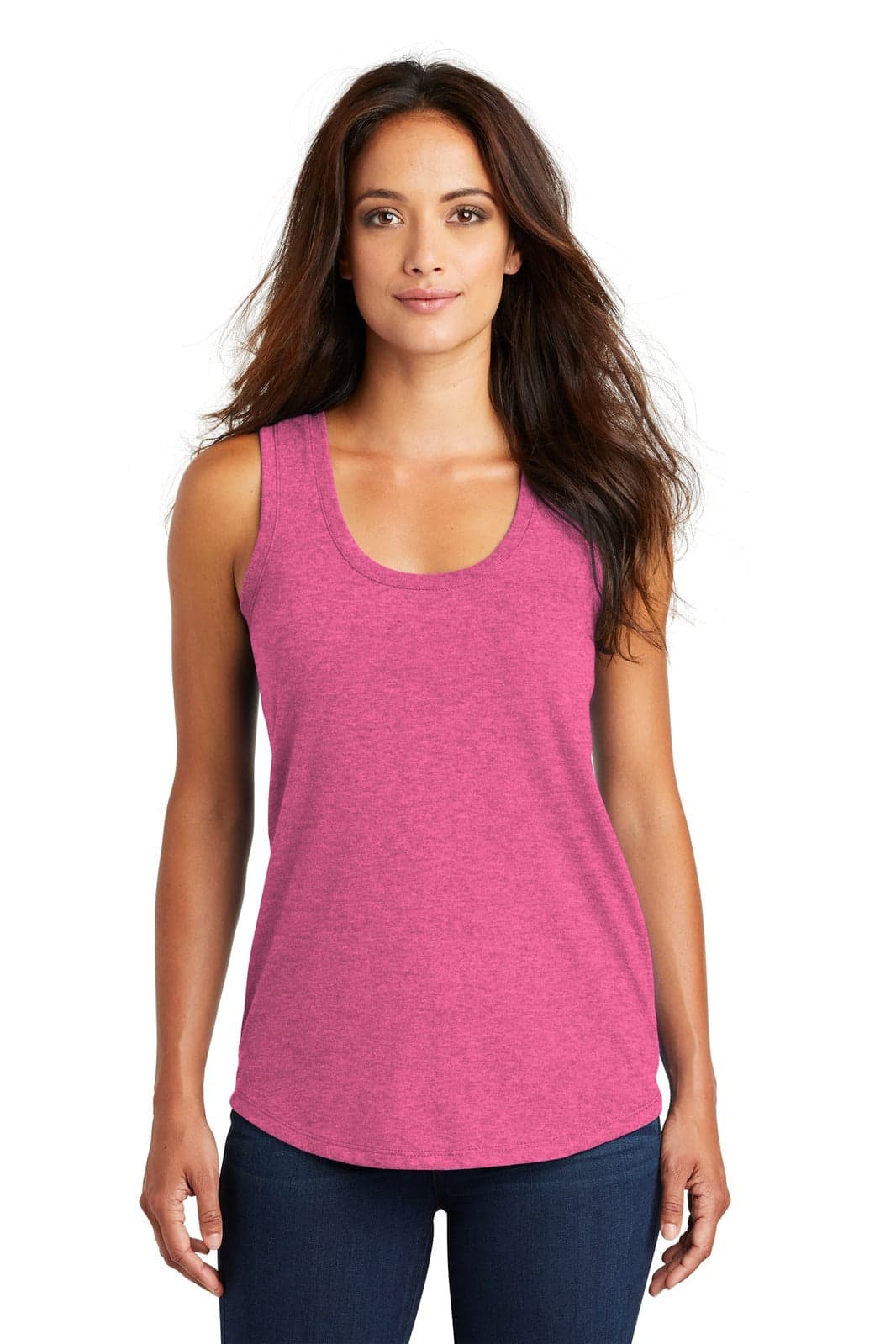 A pink tank top with a racerback design, featuring a fitted style and a logo.