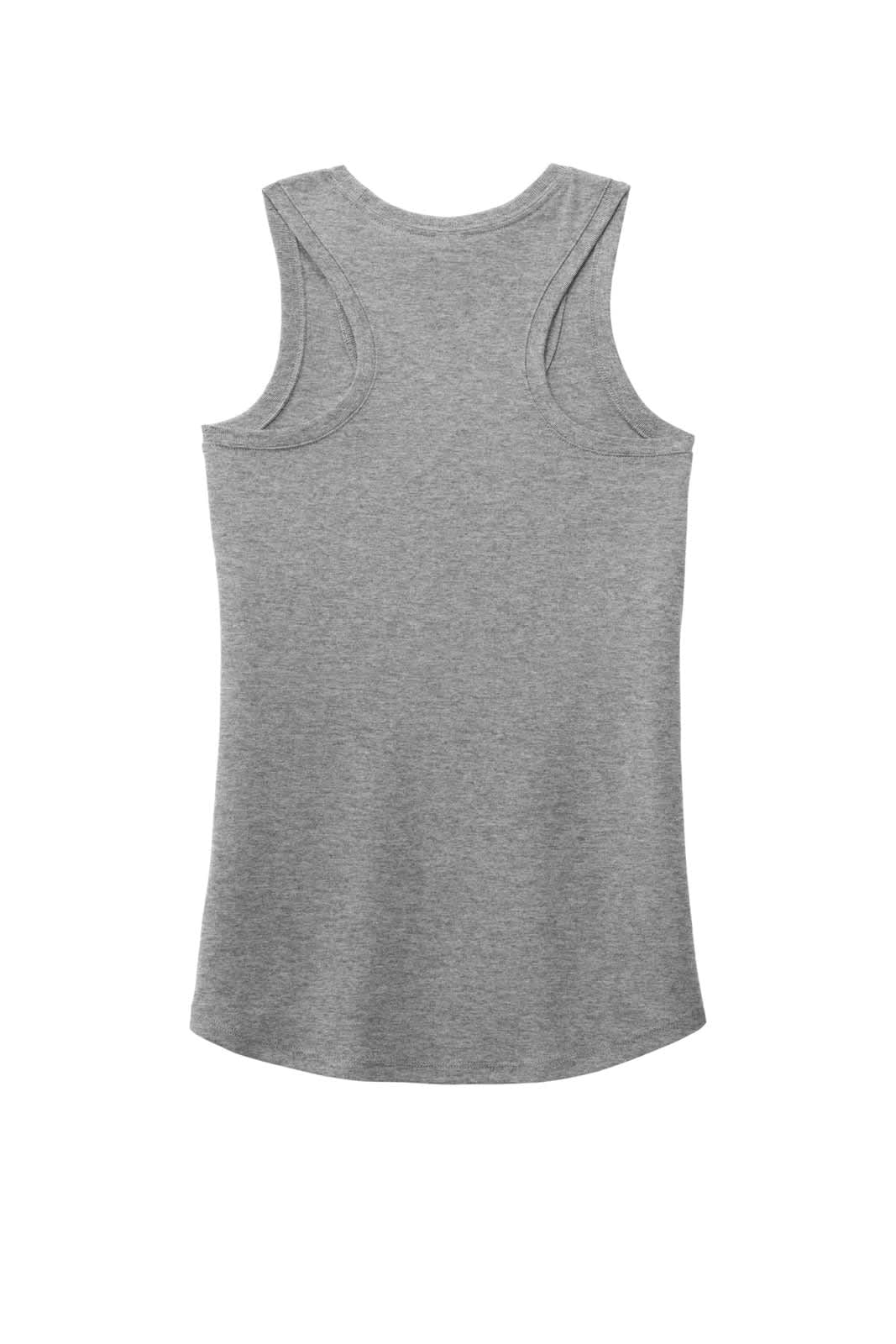 A grey ladies' racerback tank top with a slightly curved hem and a logo on the back.