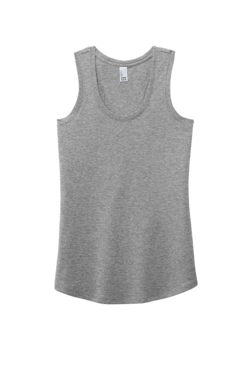 A grey ladies' racerback tank top with a scoop neck and a branding logo.